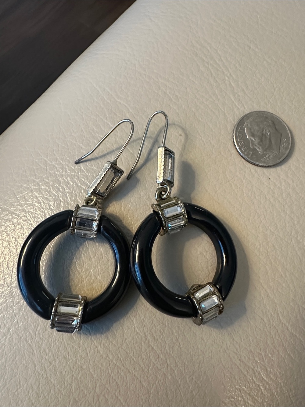 Black Hoop Drop Earrings with Clear Baguette Accents